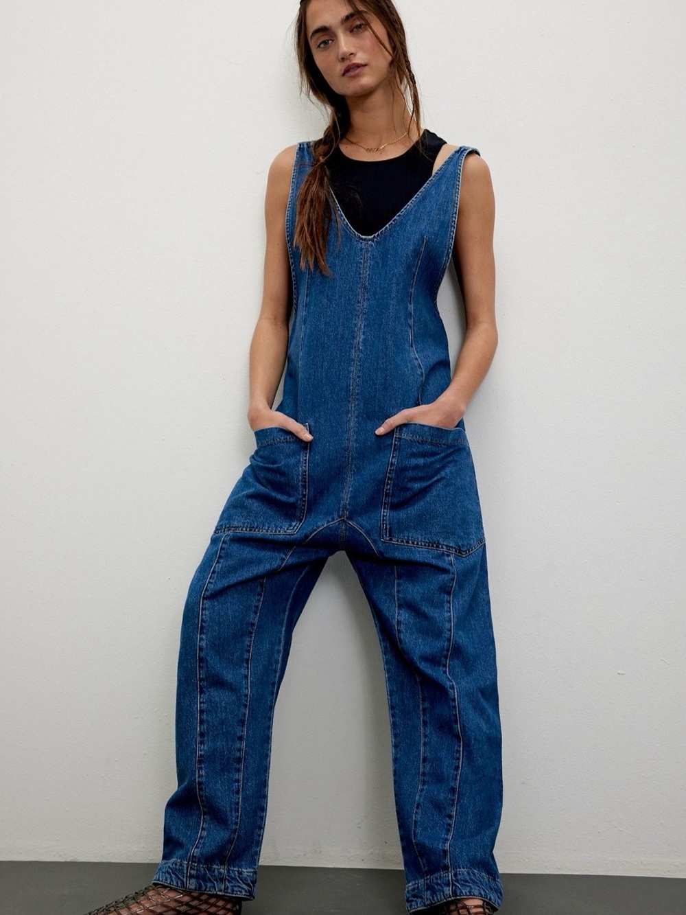 Free People High Roller Jumpsuit/ Overalls dark blue denim SZ L NWT.